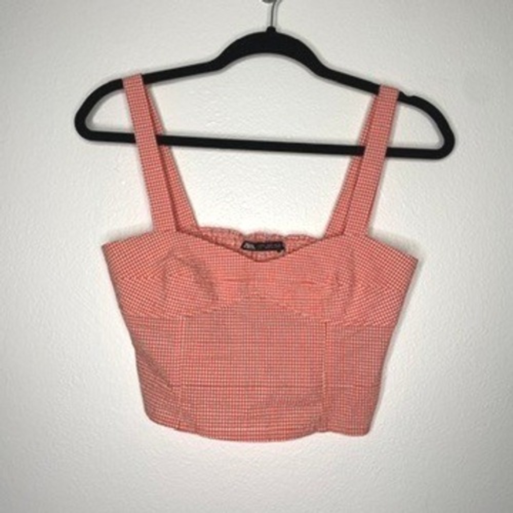 Zara Gingham Crop Top Women Size S Orange White Bustier Smocked Sweetheart‎